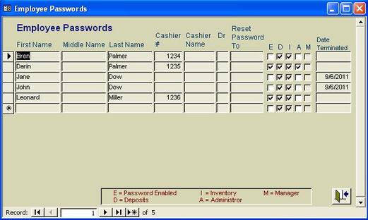 Click here to see a lager picture of Employee Passwords screen.